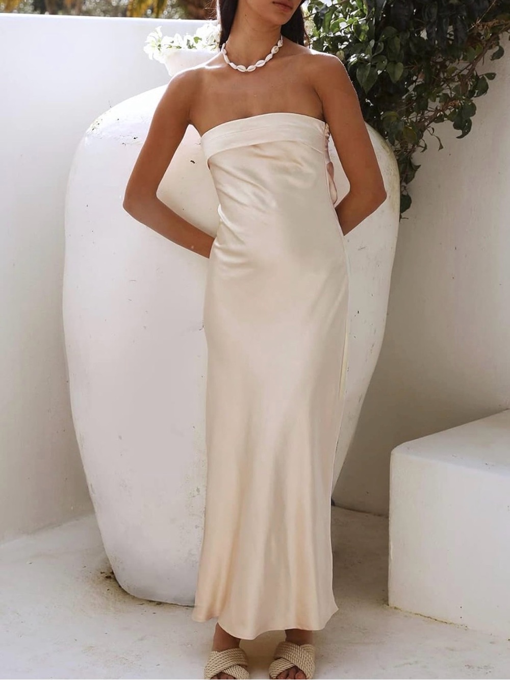 Strapless Satin Slip Dress in Cream